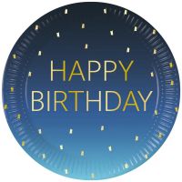 Modrá papierová tanierová súprava s nápisom Happy Birthday, 8 ks, 23 cm
