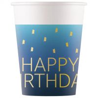 Modrá papierová pohár s nápisom Happy Birthday, 8-dielna sada, 200 ml