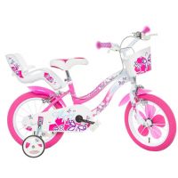 Flappy 14” detský bicykel s košíkom a sedačkou pre bábiku v ružovo-bielej farbe – bicykel Dino Bikes