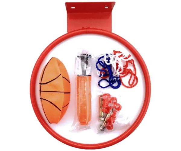 Súprava kovového basketbalového prsteňa s farebnou sieťkou, loptou a pumpou, 22 cm
