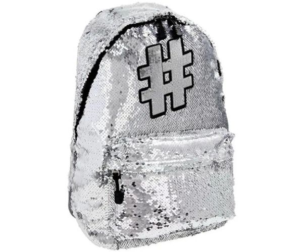 Spirit: Hashtag Silver školská taška s flitrami, batoh v striebornej farbe 41x32x21cm