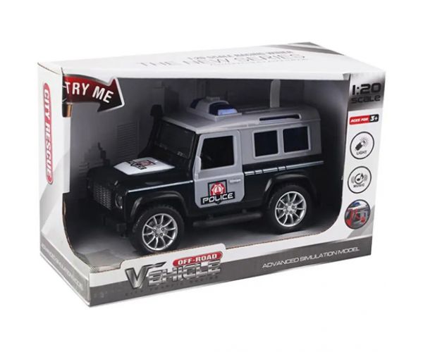 Terénne policajné auto s kolieskami a svetelnými a zvukovými efektmi v mierke 1/20