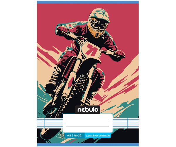 Nebulo: Zošit s motívom krosovej motorky, linajkovaný, zošit pre 2. ročník, 16-32 strán, formát A5, zošit so sponkovou väzbou.