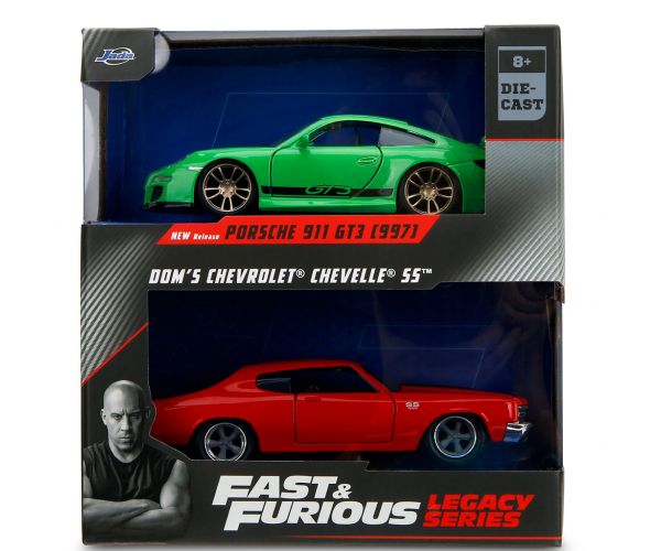 Fast & Furious Legacy Series – Dom Chevrolet Chevelle SS a Porsche 911 GT3 (997) kovový model auta set - Jada Toys