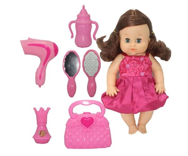 Cikajúca bábika Dorina 36 cm s hnedými vlasmi a kaderníckym set, príslušenstvom a zvukovými efektmi