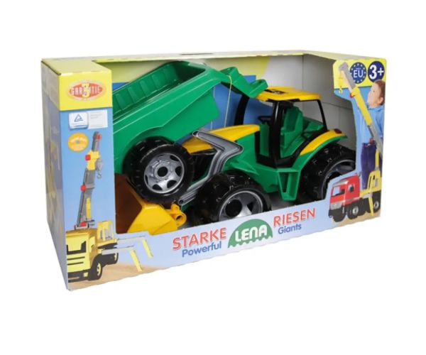 LENA: Veľký traktor s čelným nakladačom a prívesom zeleno/žltý 108 cm
