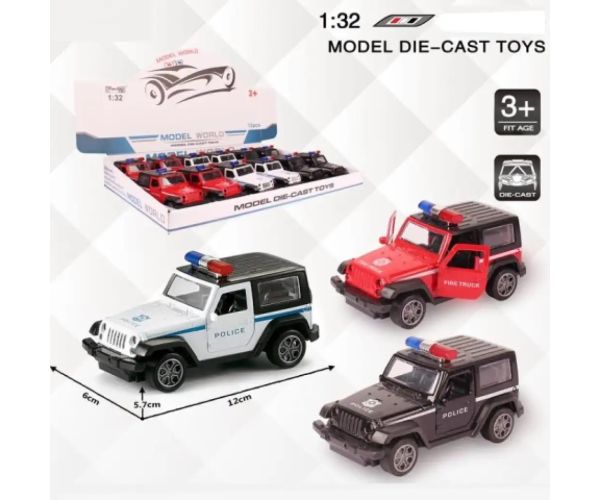 Jeep Wragler naťahovacie policajné kovové autíčko vo viacerých variantoch 1/32