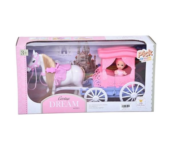 Kočiar snov, set s koňom a 7,5cm-ovou bábikou v ružovej farbe
