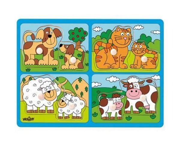 Zvieratá s mláďatami, drevené puzzle s rukoväťou - Woodyland