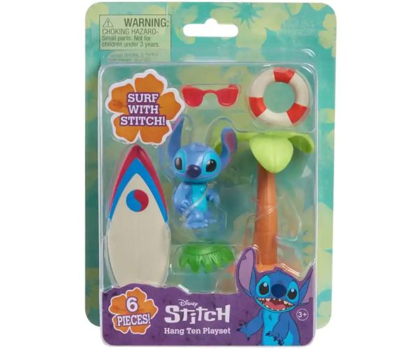 Stitch hračka so surfovacou doskou a palmou