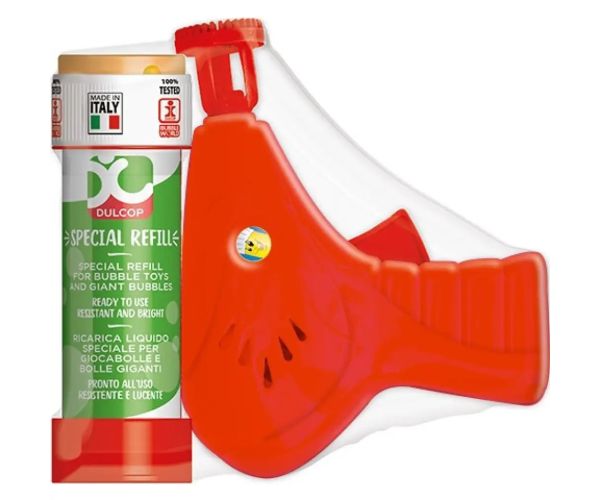 Bublifuková pištoľ žltej farby so 60 ml náhradnou náplňou