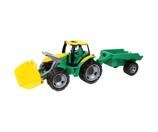 LENA: Veľký traktor s čelným nakladačom a prívesom zeleno/žltý 108 cm