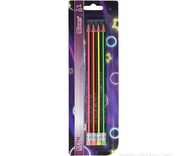Spirit: Trojhranné neónové grafitové ceruzky HB s gumou 4 dielny set