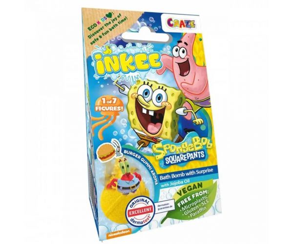 Craze Inkee: Vegán balíček kúpeľových bômb so zberateľskými figúrkami z rozprávky SpongeBob.