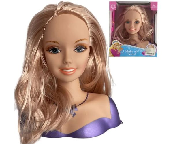Česateľná hlava bábiky s blond vlasmi a sponkami