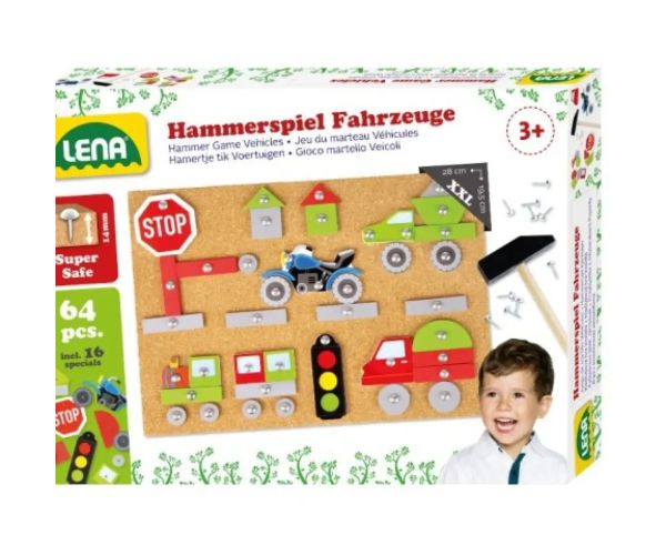 LENA: Korková tabuľa s kladivom 64-dielny hrací set - Vozidlá