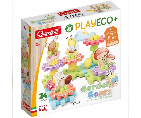 Quercetti: PlayEco+ Garden Gears stavebnica s ozubenými kolieskami, 34-dielna