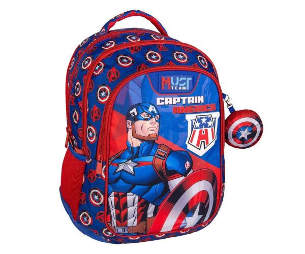 Luna: Must Team Kapitán Amerika zaoblený 3-priehradkový školský batoh, ruksak 32x18x43 cm
