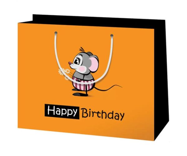Happy Birthday stredne veľká darčeková taška so vzorom myšky 18x23x10cm
