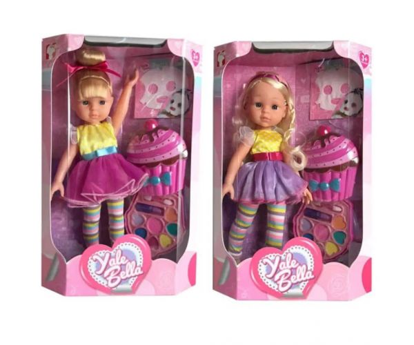 Bábika s blond vlasmi v farebnom oblečení, s make-up sadou v dvoch variantoch