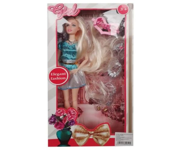 Elegantná módna bábika 28cm s dlhými blond vlasmi, v čiernych šatách a s príslušenstvom