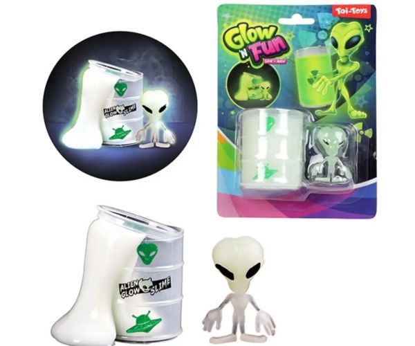 GlowN Fun Slime Alien: Fluorescenčný slime trus v olejovom bare s figúrkou mimozemšťana