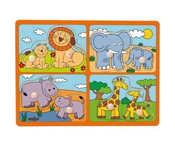 Divoké zvieratá s mláďatami, drevené puzzle s rukoväťou - Woodyland