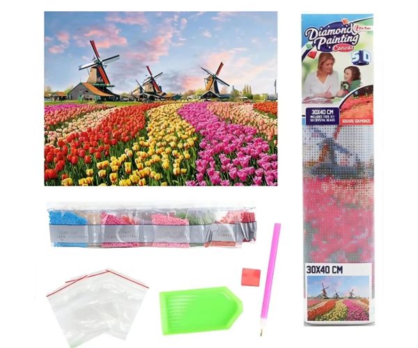 Diamantové puzzle: Holandské tulipánové pole diamantové maľovanie set 30x40cm