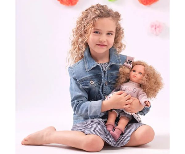 Llorens: Bábika Elena v tylových kvetinových šatách a s kučeravými blond vlasmi 35 cm
