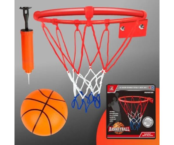 Súprava kovového basketbalového prsteňa s farebnou sieťkou, loptou a pumpou, 22 cm