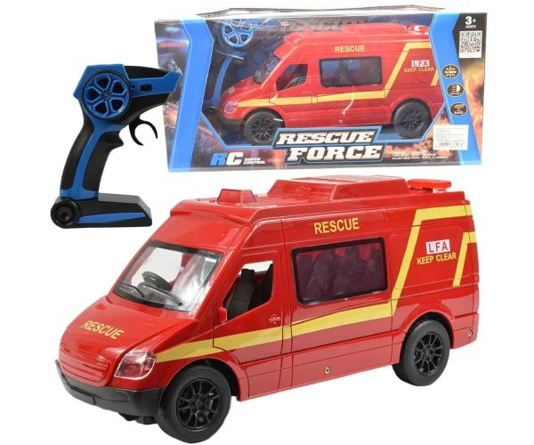 RC Diaľkovo ovládaný červený hasičský mikrobus so svetelnými efektmi 2,4GHz 1/12 30cm
