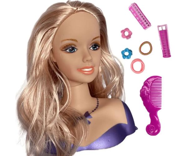 Česateľná hlava bábiky s blond vlasmi a sponkami