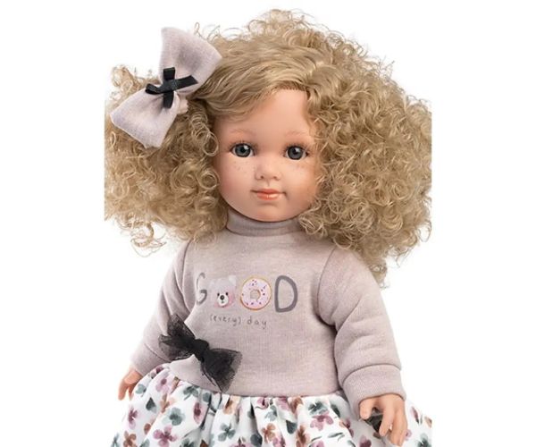 Llorens: Bábika Elena v tylových kvetinových šatách a s kučeravými blond vlasmi 35 cm
