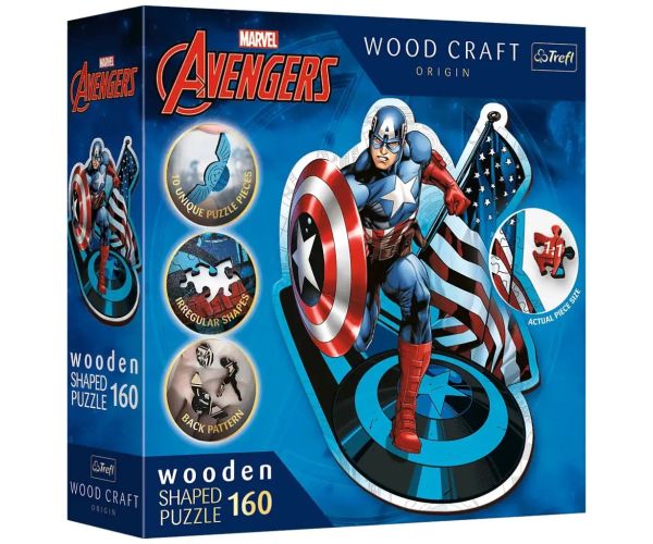 Wood Craft: Marvel - Kapitán Amerika 160 kusový prémiový drevený puzzle - Trefl