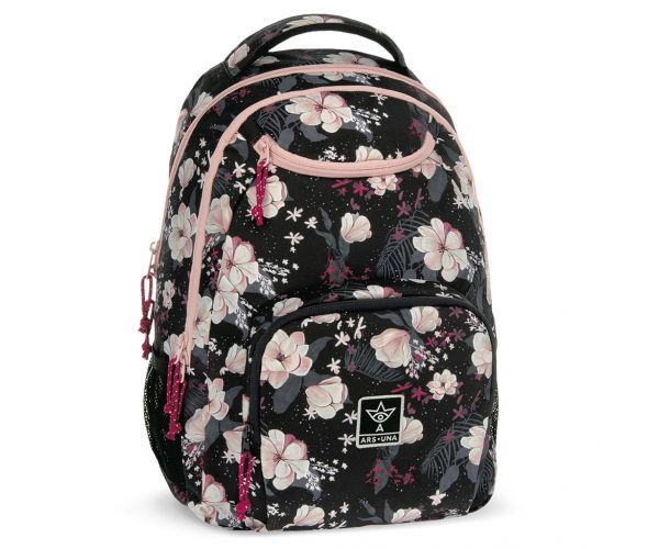 Ars Una: Flowery Black virágos AU-6 iskolatáska, hátizsák 34x45x26cm