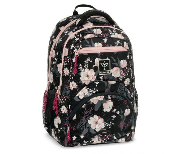 Ars Una: Flowery Black virágos ergonomikus iskolatáska, hátizsák 33x45x24cm