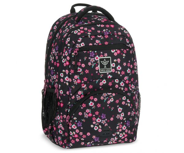 Ars Una: Pearl Blossom Black virágos ergonomikus iskolatáska, hátizsák 33x45x24cm