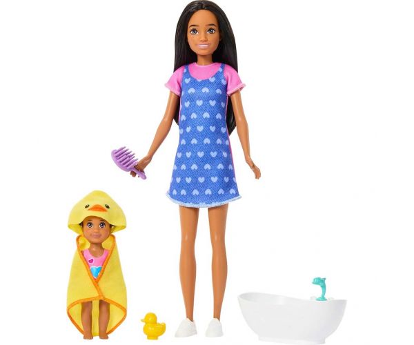Barbie baba szívecskés ruhában bébiszitter játékszett - Mattel