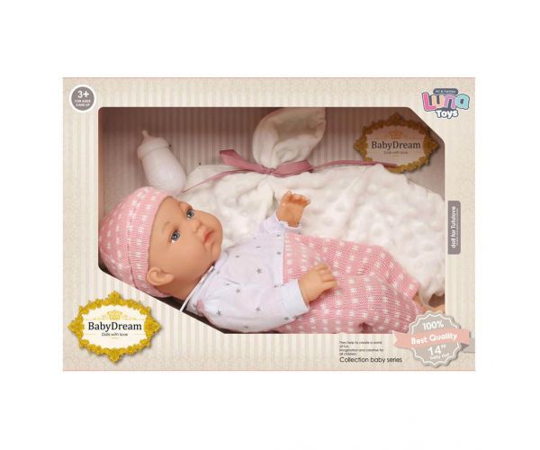 Baby Dream: Csecsemőbaba pink ruhában kiegészítőkkel 35cm-es