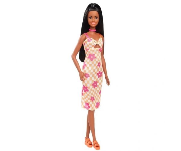 Barbie: Fashionista stílusos baba kockás, virágos mintás ruhácskában - Mattel
