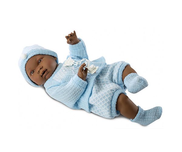 Afroamerikai csecsemő baba kék ruhában 45cm-es