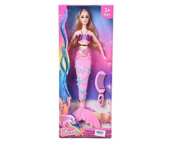 Szőke hajú sellő baba fésűvel 30cm