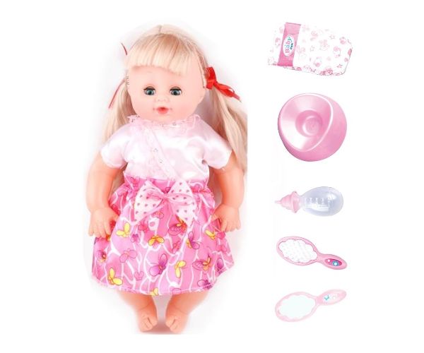 Hajas baba rózsaszín ruhában kiegészítőkkel 35cm-es