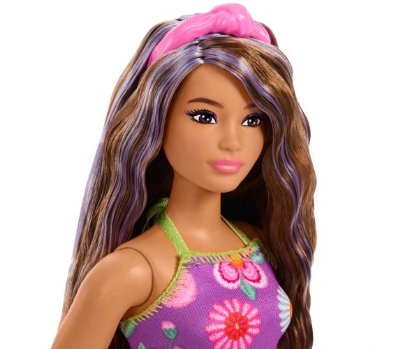 Barbie: Fashionista Barátnők virágos ruhás divatbaba lila tincsekkel – Mattel
