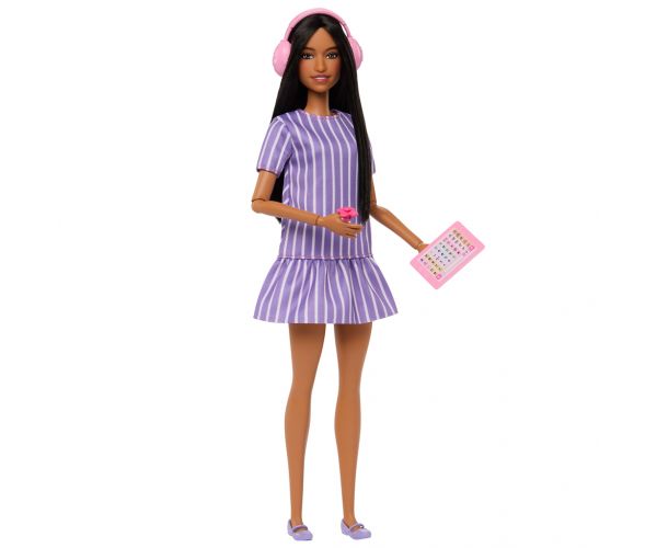 Barbie: Fashionista Barátnők stílusos divatbaba fejhallgatóval lila ruhában – Mattel