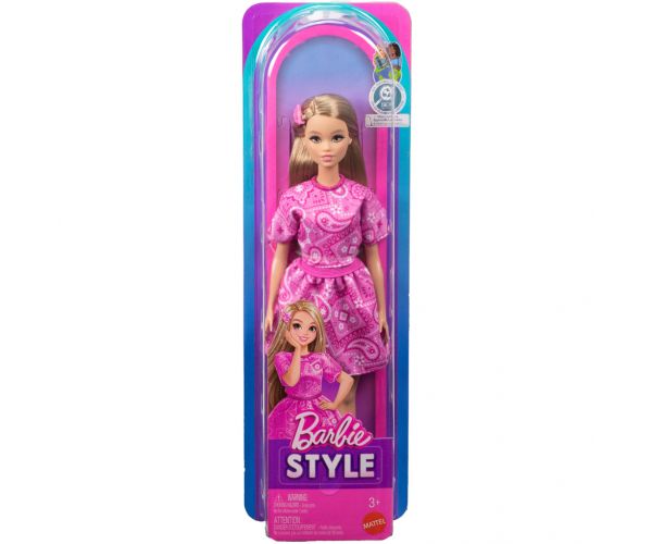 Barbie: Fashionista Barátnők stílusos divatbaba rózsaszín kendőmintás ruhában - Mattel