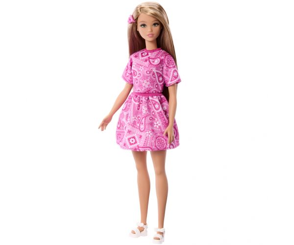 Barbie: Fashionista Barátnők stílusos divatbaba rózsaszín kendőmintás ruhában - Mattel