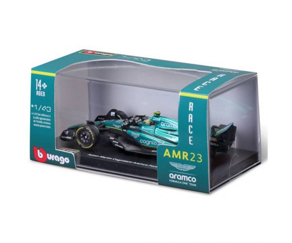 Bburago: Aston Martin AMR23 F1 versenyautó fém autómodell 1/43 (Fernando Alonso #14, sisakos változat)