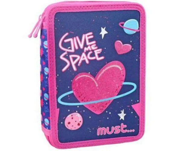Space Heart: Ružový a fialový vyklápací dvojposchodový plnený peračník 15x21x5cm
