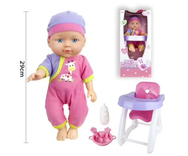 Bábika v pyžame s jedálenskou stoličkou a doplnkami 29cm